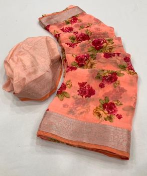 Coral Pink Georgette Flower Print Saree From Banaras