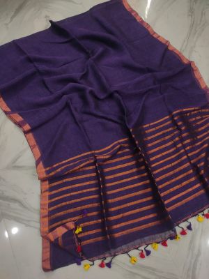 Navy Blue Pure Handloom Linen By Linen Saree From Bengal