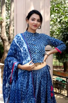 Dark Midnight Blue Bagru Printed Designer Top & Skirt With Mulmul Dupatta Lehenga Choli