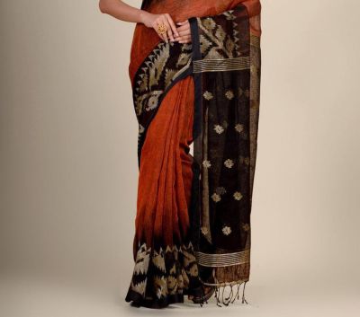 Red Black Pure Handloom Linen By Linen Saree From Bengal