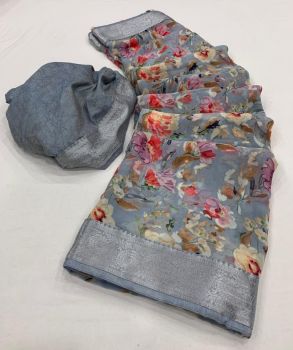 Grey Georgette Flower Print Saree From Banaras