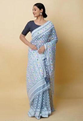 Slate Gray Pure Handloom Dhakai Jamdani Saree From Bengal