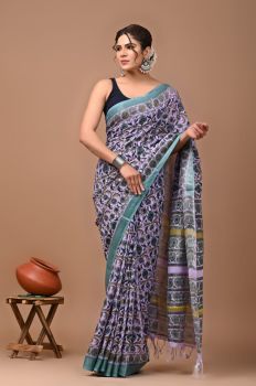 Light Lavender Pure Handloom Linen Cotton Saree From Bihar