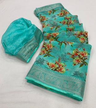 Light Sea Green Georgette Flower Print Saree From Banaras