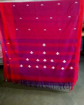 Red Purple Butta Pure Cotton Saree From Assam