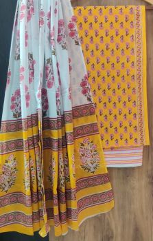 Orange Gold Printed Suit With Flower Design Dupatta