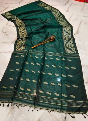Teal Pure Handloom Linen By Linen Saree From Bengal