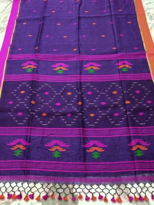 Blue Pure Handloom Linen By Linen Saree From Bengal