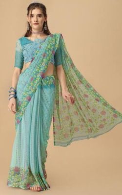 Sky Blue Pure Handloom Georgette Saree From Banaras