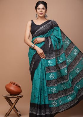 Teal Pure Handloom Mulmul Saree From Bengal