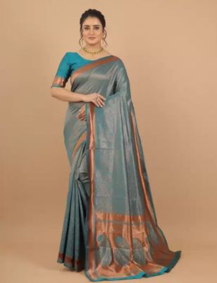 Greyish Teal Pure Handloom Kanjivaram Silk Cotton Saree From Banaras