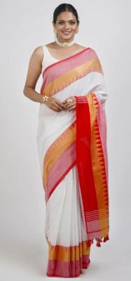 White Pure Handloom Cotton Saree From Bengal