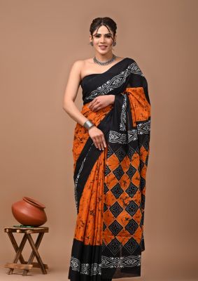 Sunrise Orange Pure Handloom Mulmul Saree From Bengal