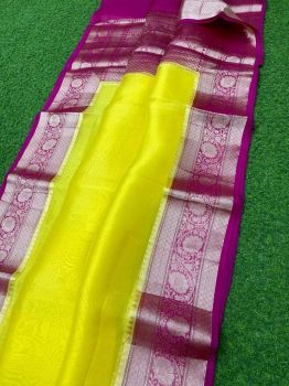 Yellow Pure Handloom Organza Saree From Bengal