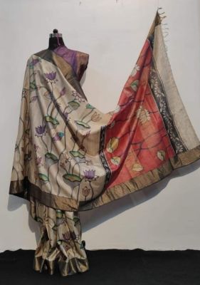 Grey Brown Pure Handloom Kantha Silk Saree From Bengal