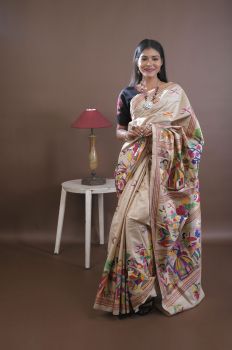 Cream Pure Handloom Katha Stitch Saree From Bengal
