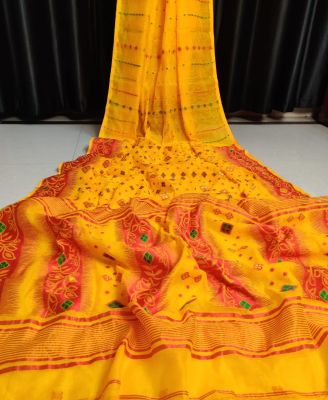 Yellow Pure Handloom Dhakai Jamdani Saree From Bengal