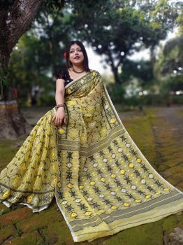 Light Olive Yellow Pure Handloom Dhakai Jamdani Saree From Bengal