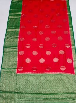 Cherry Red Banarasi Semi Silk Saree From Banaras