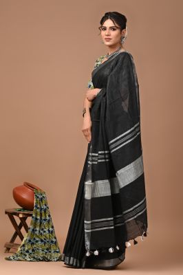 Black Pure Handloom Linen By Linen Saree From Bengal