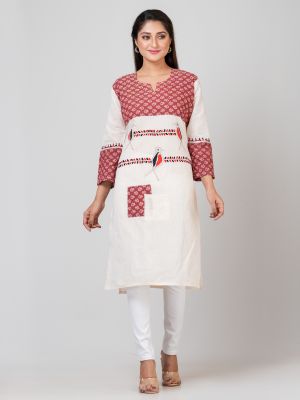 White Pure Handloom Kantha Stitch Kurti From Bengal
