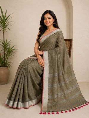Rust Pure Handloom Linen By Linen Saree From Bengal