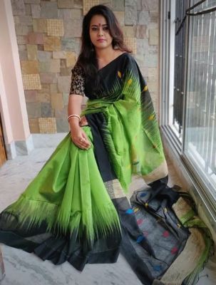 Dark Olive Green Pure Handloom Ikkat Saree From Bengal