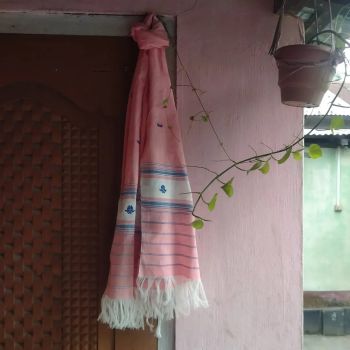 Pink White Pure Handloom Butta Cotton Stole From Assam