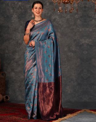 Teal Pure Handloom Banarasi Silk Saree From Banaras