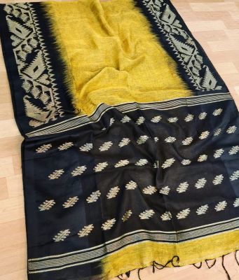 Yellow Black Pure Handloom Linen By Linen Saree From Bengal