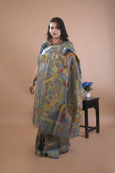 Dark Grey Pure Handloom Katha Stitch Saree From Bengal