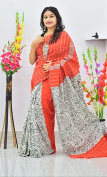 Red Orange Pure Handloom Khesh Cotton Saree From Bengal