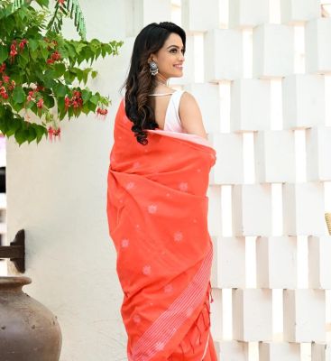 Red Pure Handloom Cotton Saree From Bengal