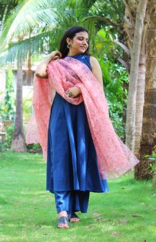Dark blue anarkali with organza dupatta