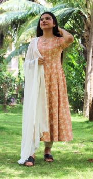 Peach khadi print anarkali with dupatta