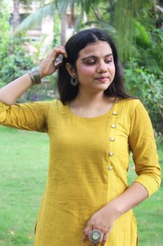 Yellow cotton straight kurta with pants