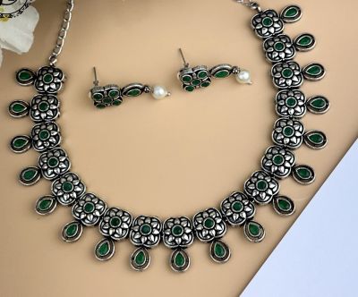 Silver Pure Oxidised Necklace With Green Stone Jewellery