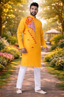 Ethnic Yellow Printed Kurta Pyjama Set – Festive Special From Bengal