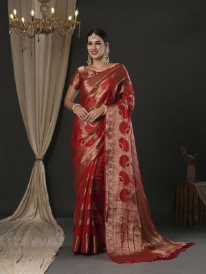Brick Red Pure Handloom Organza Saree