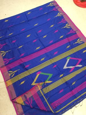 Royal Blue Pure Handloom Silk Cotton Saree From Bengal