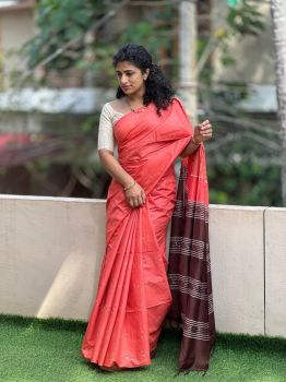 Coral Pink Pure Handloom Crafted Kota Silk Saree From Bhagalpur