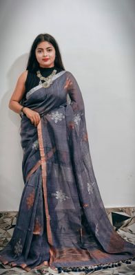 Gray Pure Handloom Linen By Linen Saree From Bengal