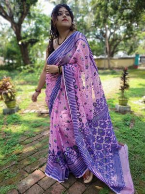 Pink Pure Handloom Dhakai Jamdani Saree From Bengal