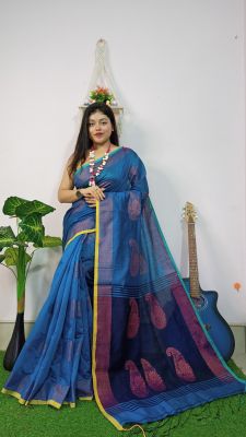 Navy Blue Pure Handloom Silk Cotton Saree From Bengal