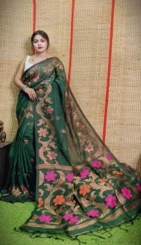 Green Pure Handloom Organic Linen By Linen Saree From Bengal