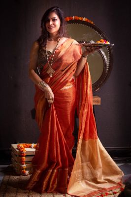 Orange Pure Handloom Tissue Linen Saree From Bihar