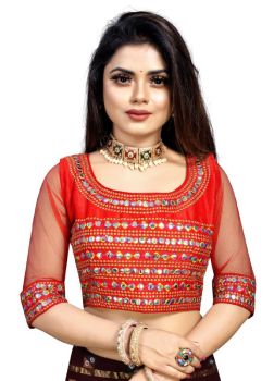 Red Phantom Silk Mirror Work Festival To Wear Blouse