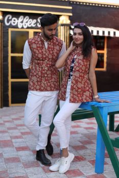 Red Pure Hand Block Printed Cotton Jacket Couple Set