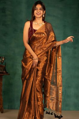 Chocolate Brown Tissue Silk Pure Handloom Saree From Bengal