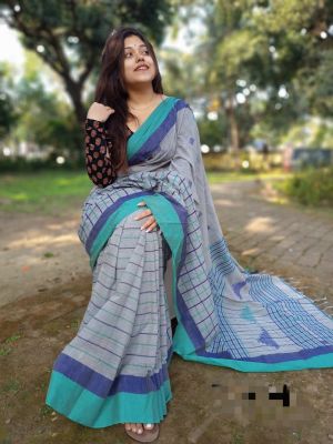 Steel Gray Pure Handloom Cotton Saree From Bengal